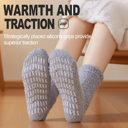 5 Pairs Fuzzy Socks with Grips for Women, Non Slip Cozy Fluffy Soft Socks, Winter Sleep Slipper Hospital