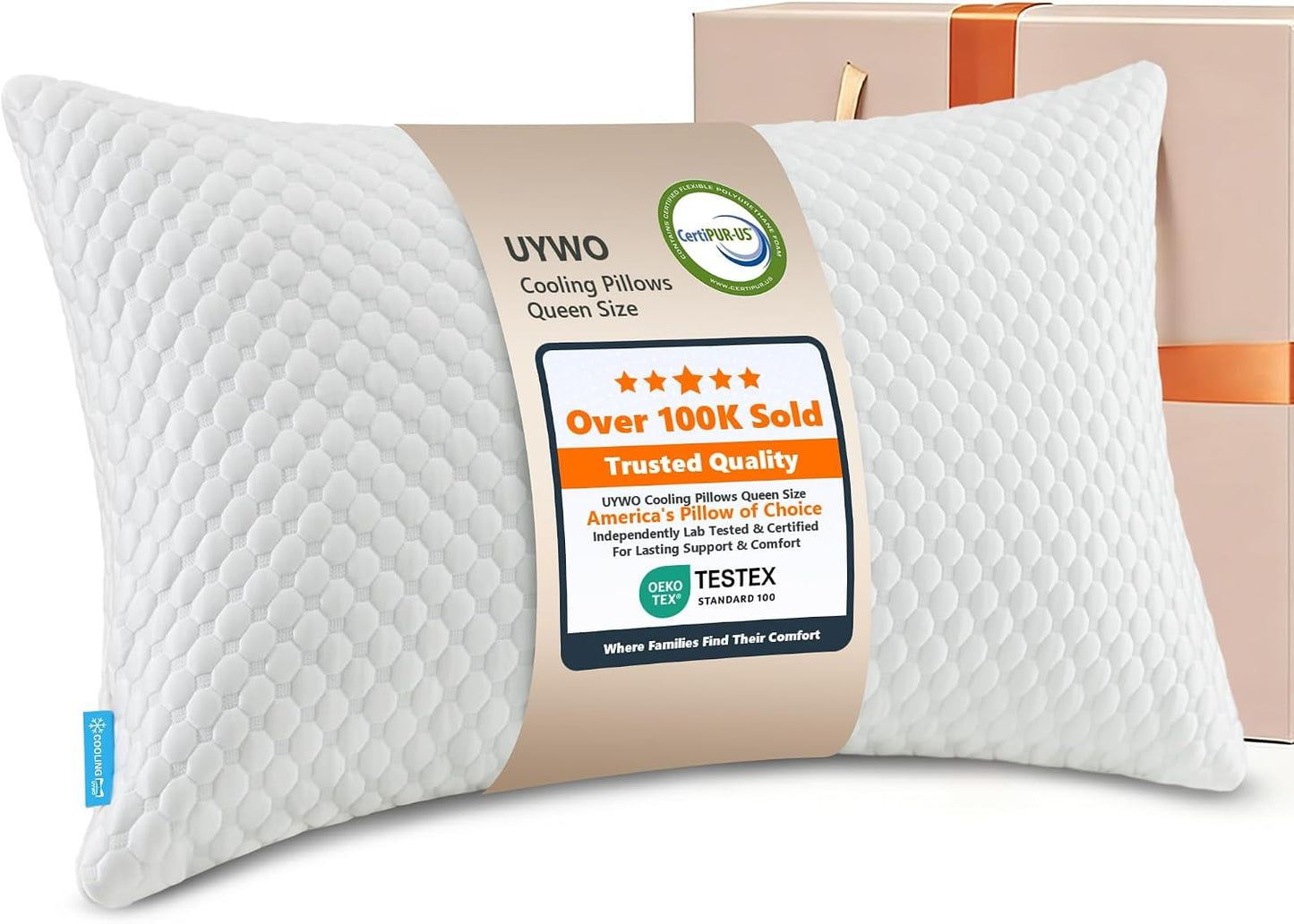 UYWO Cooling Pillows Queen Size Set of 2, Adjustable Memory Foam Pillows