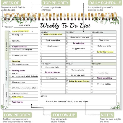 Weekly To Do List Notepad with 52 Undated Sheets（8.5"×11"）- Weekly Desk Planner Pad with Spiral Binding for Women & Man, Office, School and Home Personal Organizer