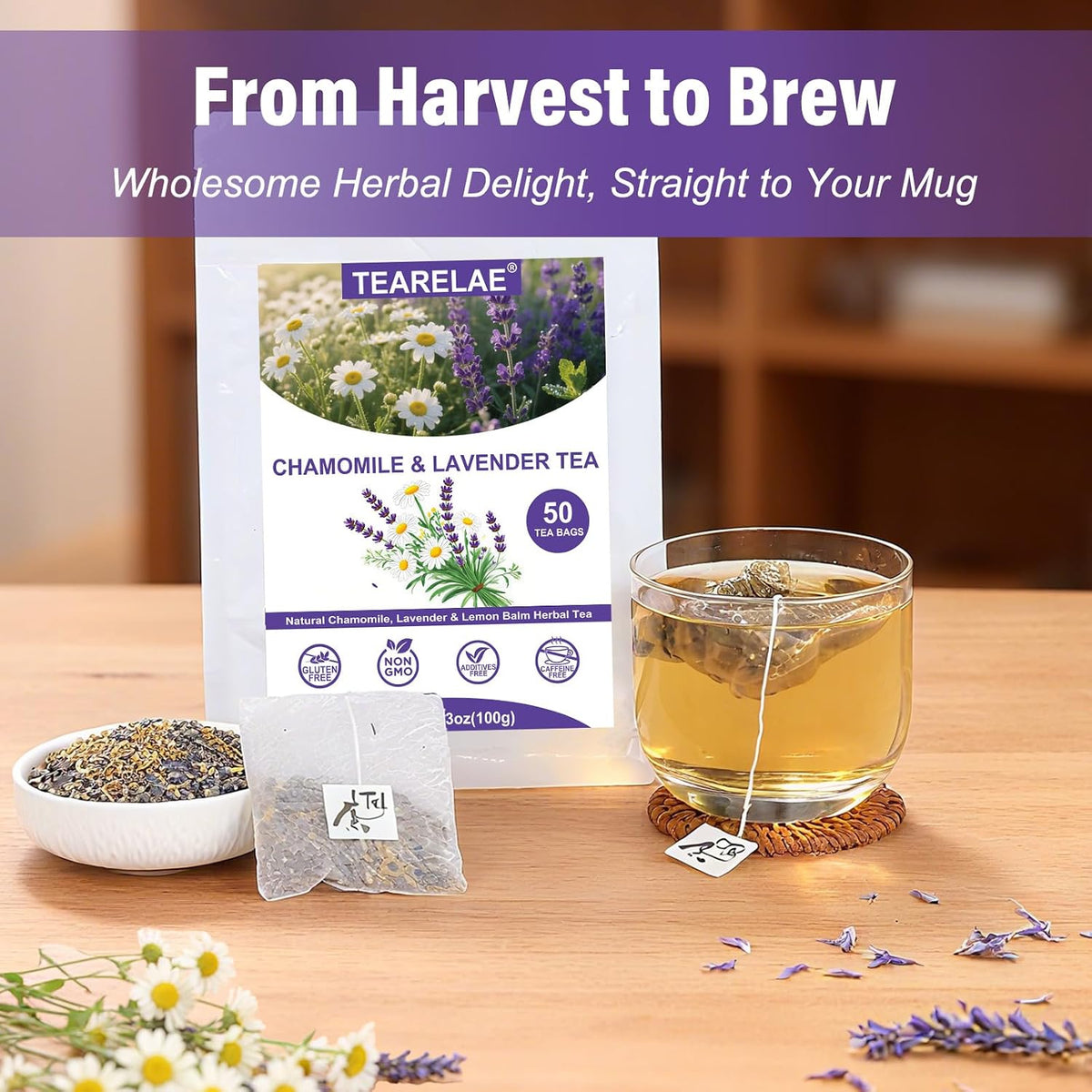 TEARELAE Chamomile Lavender Tea, 50 Tea Bags, Te De Manzanilla y Lavanda