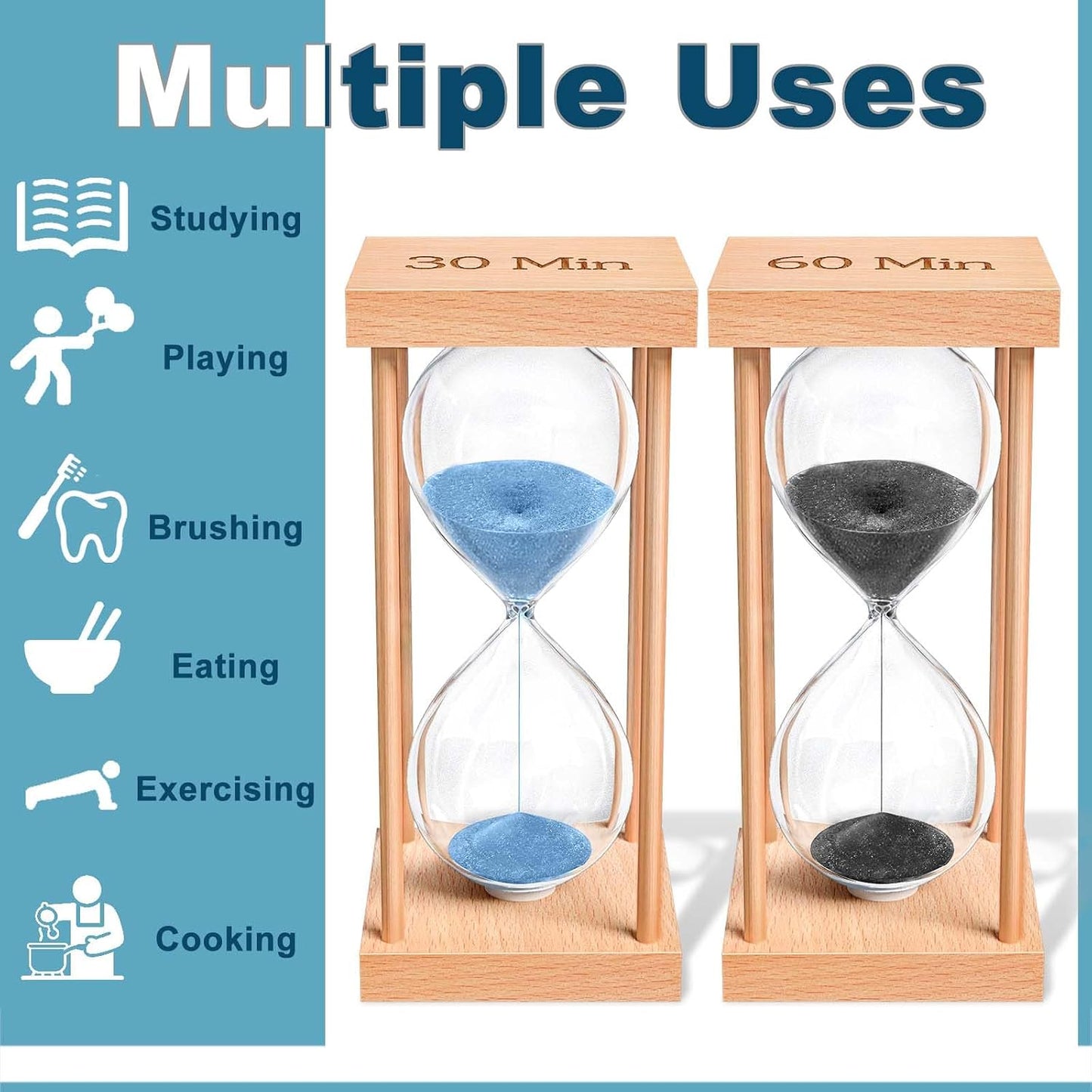 60 Minute Sand Timer, 60 Min Wood Small Hourglass Timer, Blue Sand Clock, One Hour Wooden Hour Glass for Classroom, Sandglass, Reloj De Arena Decorativo, Home, Office, Game, Gift