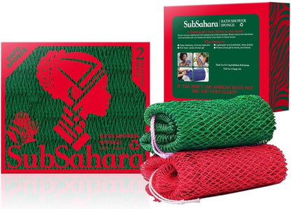 SubSahara Authentic African Net Sponge - 2 Pack Exfoliating Bath & Shower Loofah Sponge for Body & Face, Gentle Scrubber for All Skin Types, Travel, Durable Polyester (Olive Green & Light Green)