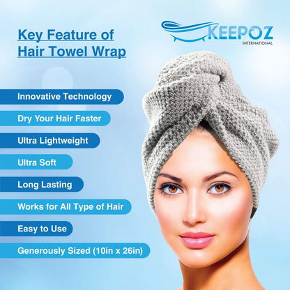 KEEPOZ 100% Cotton Hair Towel Wrap Quick Dry Super Absorbent Turban Head Wrap for Women with Button, Anti Frizz, Hair Cap for Curly, Long & Thick Hair (White, 1 Pc)