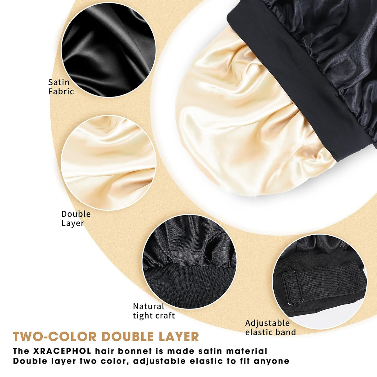 Silk Bonnet for Sleeping Double Layer Satin Bonnet Adjustable Bonnets for Black Women Sleep Cap Reversible Hair Bonnet for Curly Hair (Black and Purple)