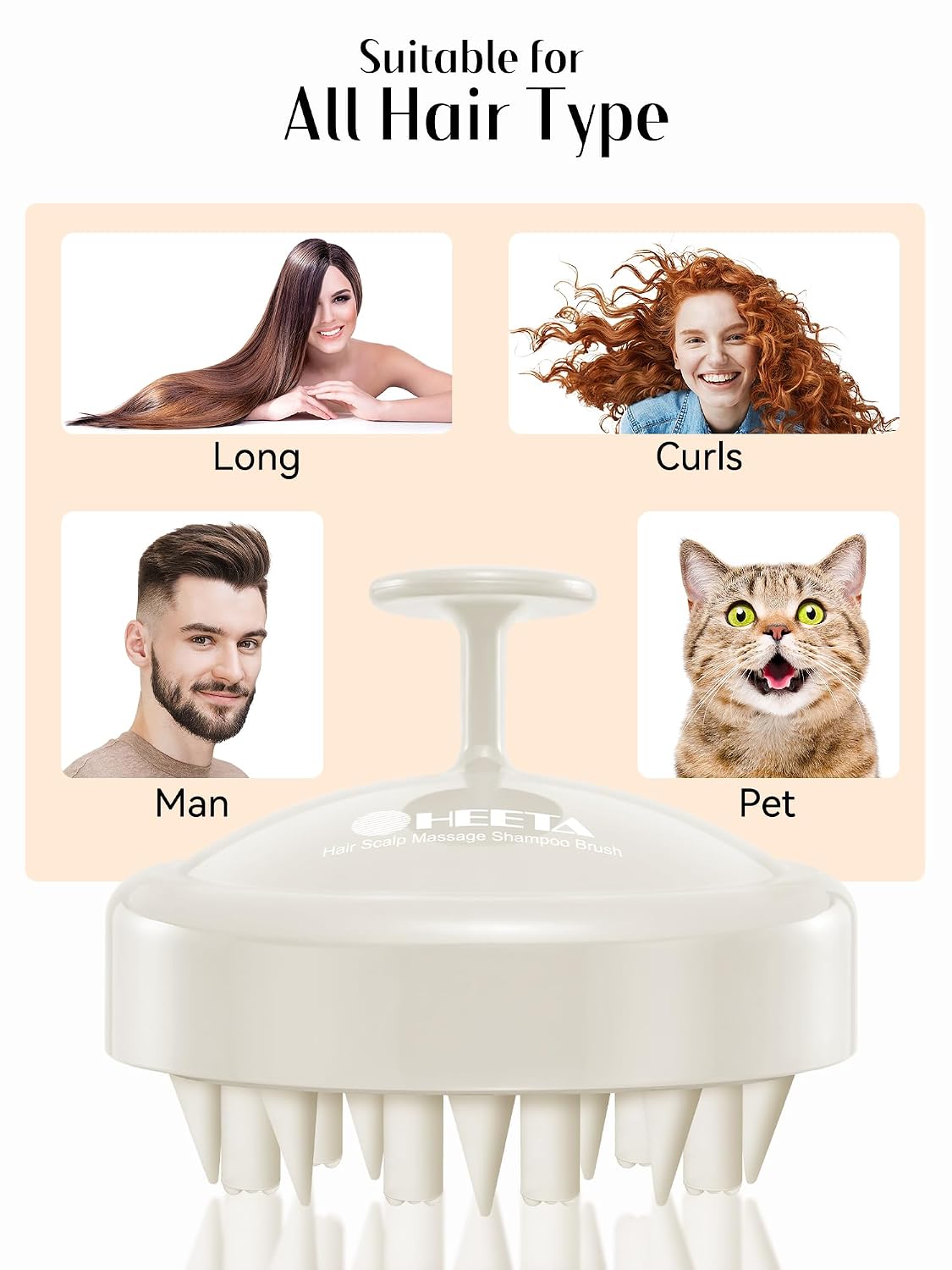 HEETA Hair Scalp Massager for Hair Growth, Shampoo Brush, Scalp Scrubber Exfoliator with Soft Silicone Bristles for Dandruff Removal to Relieve Stress, Wet Dry Use Updated Material, Beige