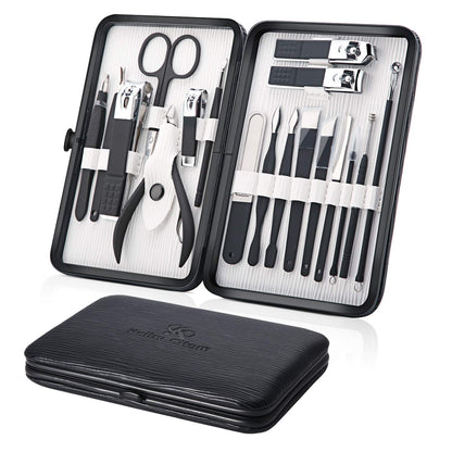 Professional Stainless Steel Nail Clipper Travel & Grooming Kit Nail Tools Manicure & Pedicure Set of 15pcs with Luxurious Case (Black/Yellow)