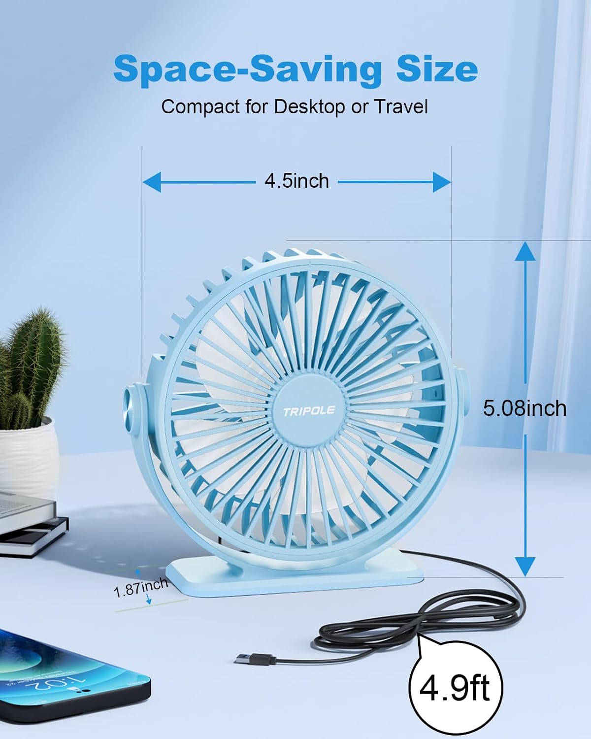 TriPole USB Desk Fan Small Portable, 360° Rotation Quiet Mini Personal Fan