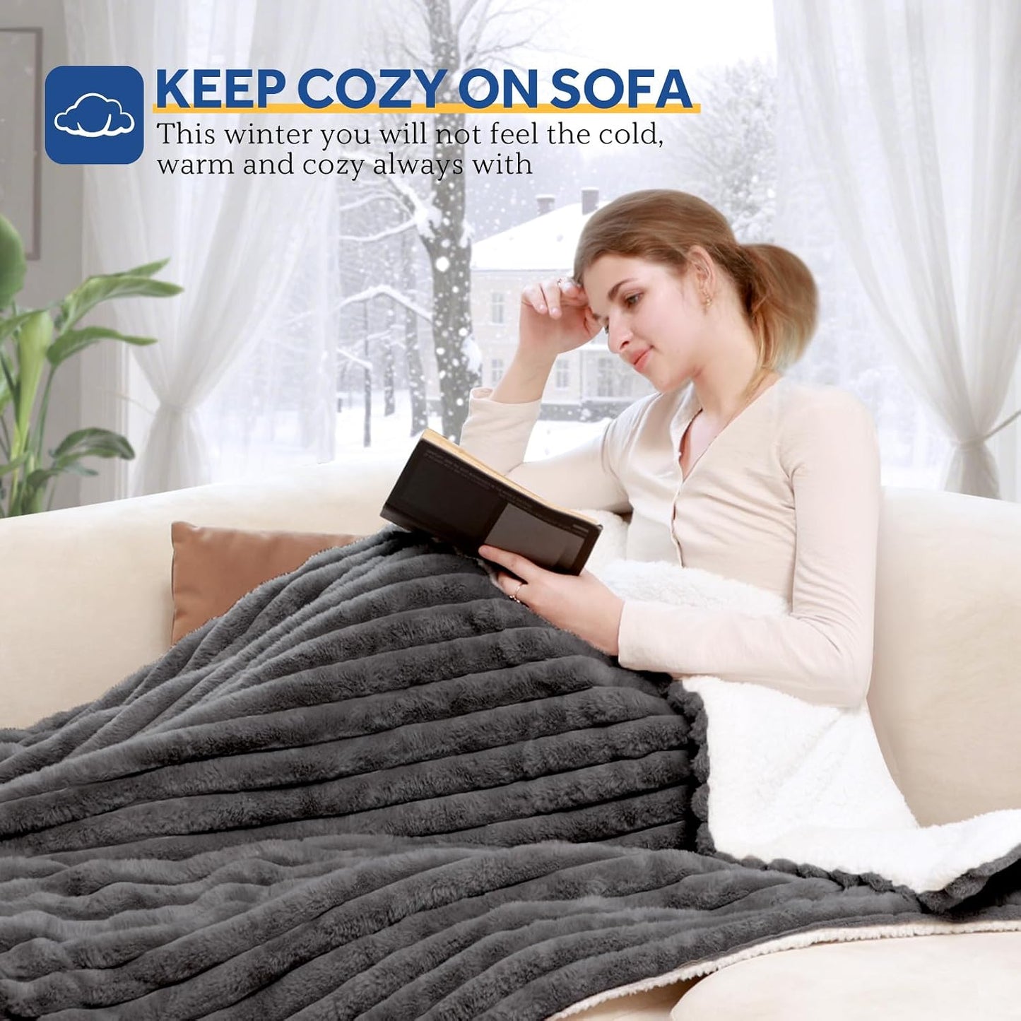 Sealy Electric Blanket Throw Size 50"*60",Super Cozy Faux Fur to Sherpa Reversible Heated Blanket Throw with 6 Heating Levels & 2-10 Hours Auto Off Overheating Protection Machine Washable,Blue White