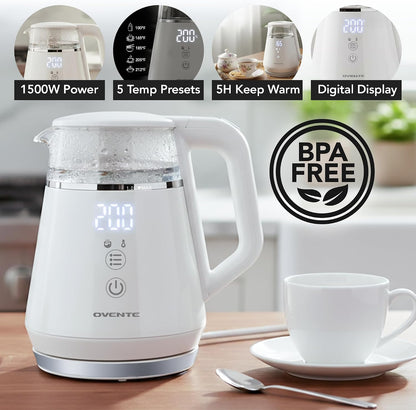 OVENTE 1L Small Electric Kettle with 5 Temperature Preset, Digital Display, 5Hr Keep Warm, Auto Shut-Off, Double-Wall Cool Touch Exterior, Borosilicate Glass,1500W BPA Free Water Boiler, Black KD95B