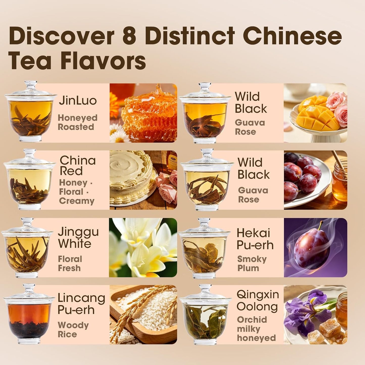 Chinese Loose Leaf Tea Sampler for Beginners, 8 Variety Whole Leaf Tea Gift Set with Black, White, Oolong & Pu erh, Tea Tasting Kit with Distinct Flavor Profiles