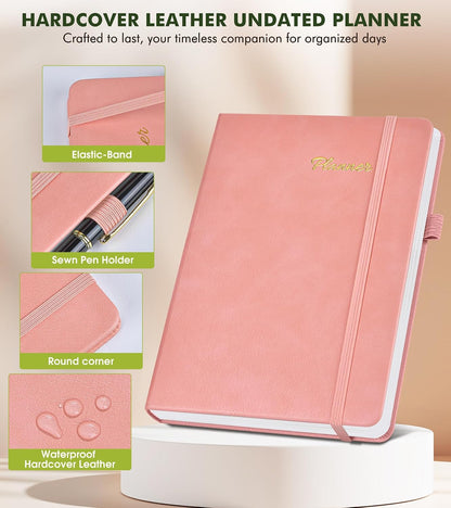 Undated Weekly and Monthly Planner, Hardcover Leather Calendar Blank Planner, Simplified To Do List Notebook with Goal & Habit Tracker Organizer, A5 Daily Weekly Planner for Work School Home, Black