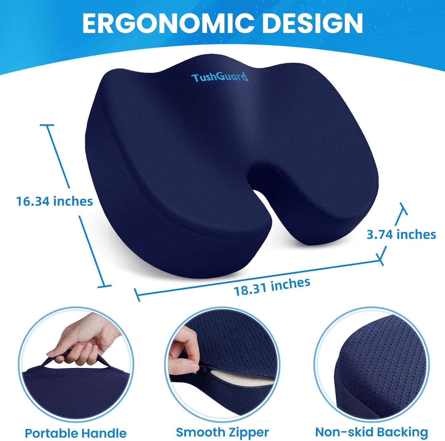 TushGuard Seat Cushion for Office Chair Memory Foam Non-Slip Cushion Back, Relief Chair Pad, Butt Pillow for Office Chair, Car, Computer Desk, Black