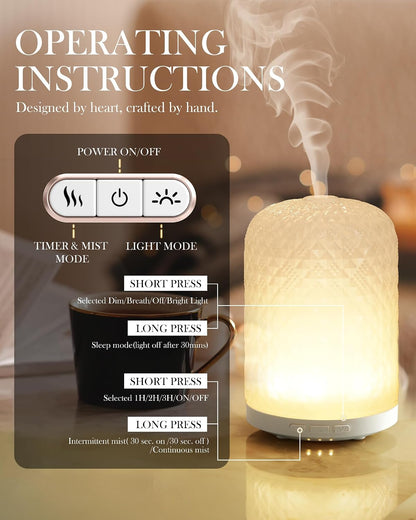 Essential Oil Diffuser - 2.4MHz Ultrasonic Glass Diffuser with Pulse/Continuous Mist & Night Light, Waterless Auto-Off, Silent Aromatherapy Diffuser for Home, Office, Yoga, Spa, Gifts & Home Decor.