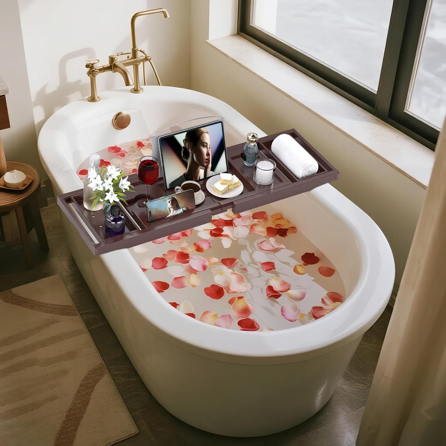 Foldable Bamboo Bathtub Caddy Tray Expandable for Luxury Bath, Bath Accessories & Table with Wine Glass Holder, Book Stand Bathroom Organizer with Extending Sides for Men/Women