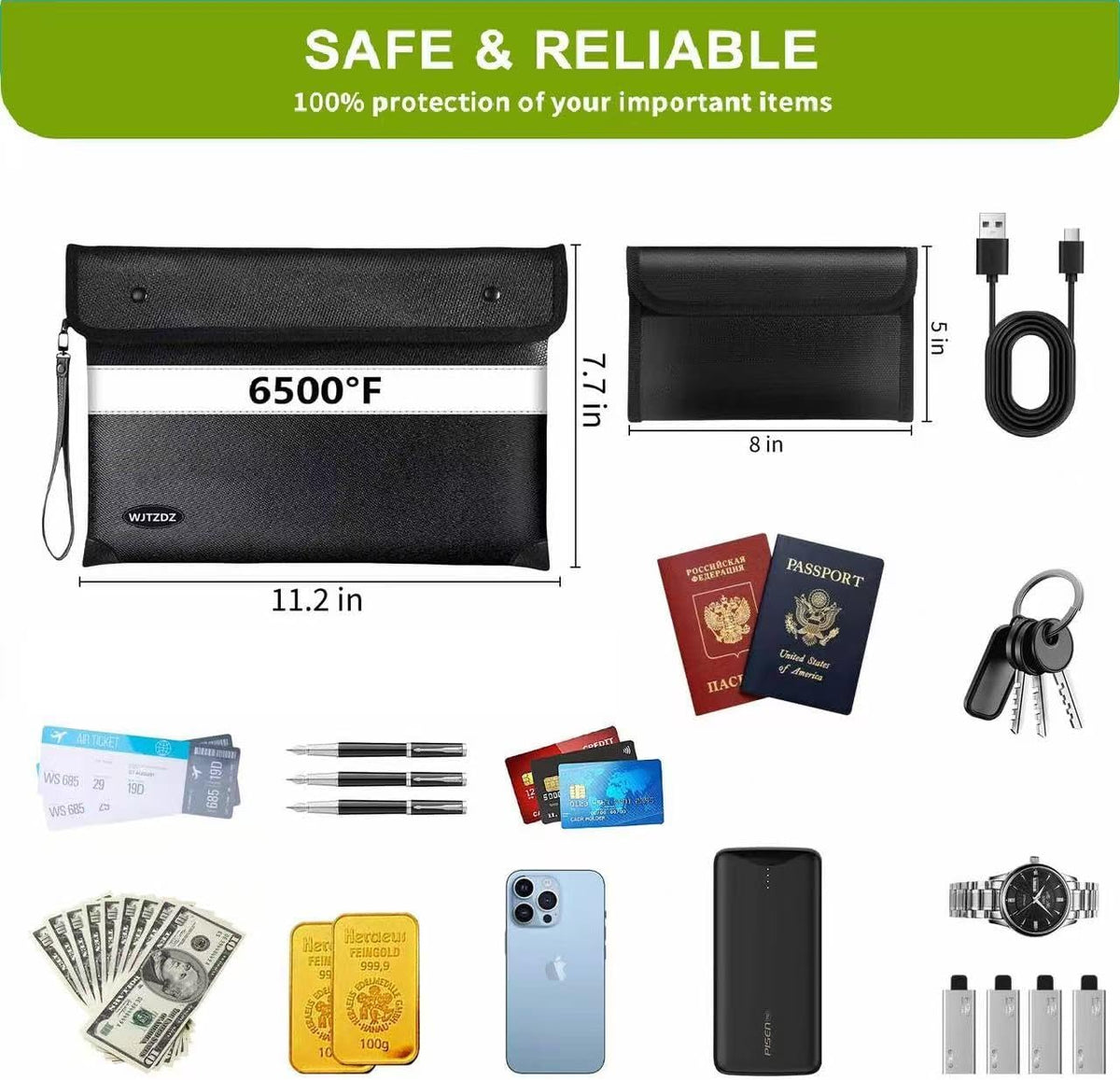 Upgraded 6500° Fireproof Money Bag for Cash,11.2"×7.7"& 8"×5"Small Fire Proof Money Bag for Cash with Reflective Strips,Portable Fire Safe Bag for Passports,Cash,Power Bank,Valuables