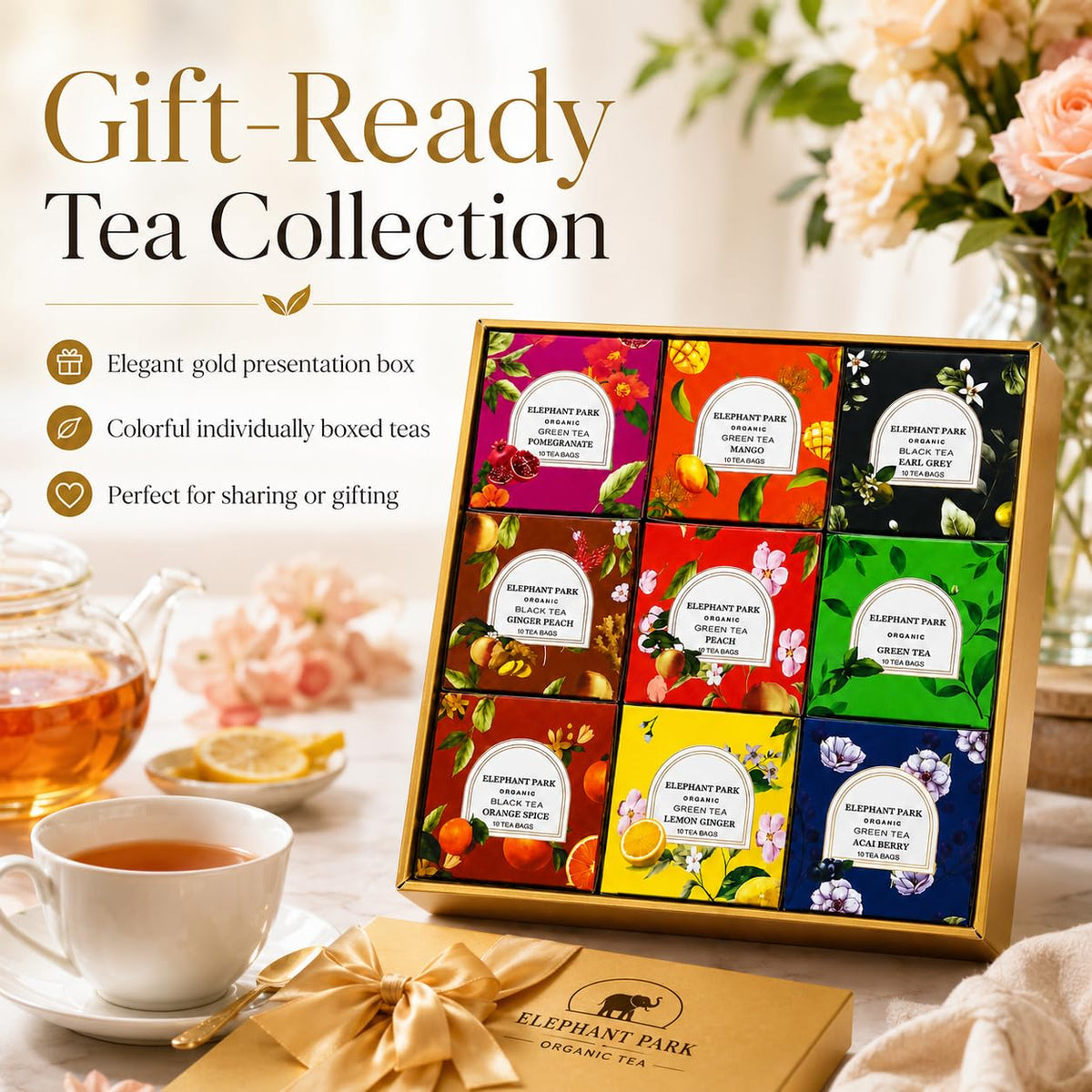 Premium Organic Holiday Tea Bag Sampler Gift Box - 90 Bags 9 Exotic Flavors Herbal Orange Spice, Mango, Earl Grey, Pomegranate, Peach, Green, Ginger Peach, Lemon Ginger, Acai Berry