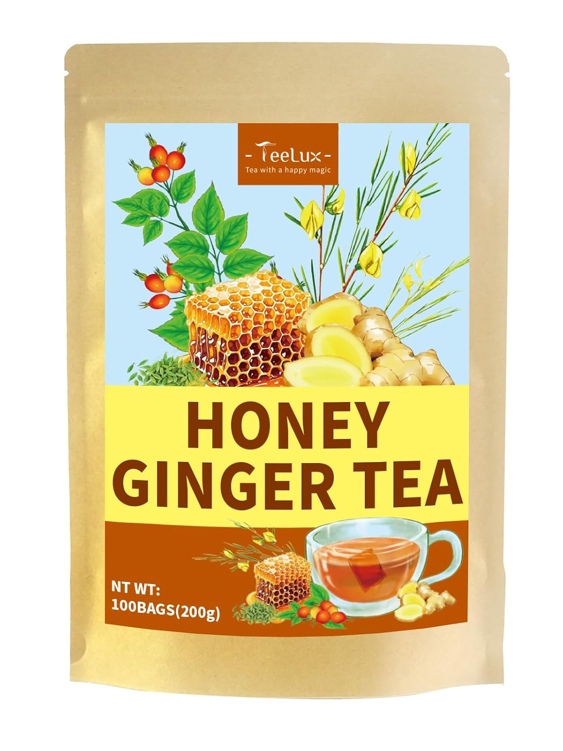 TeeLux Honey Ginger Tea Bags, Smooth & Spicy, Caffeine Free, 100 Count