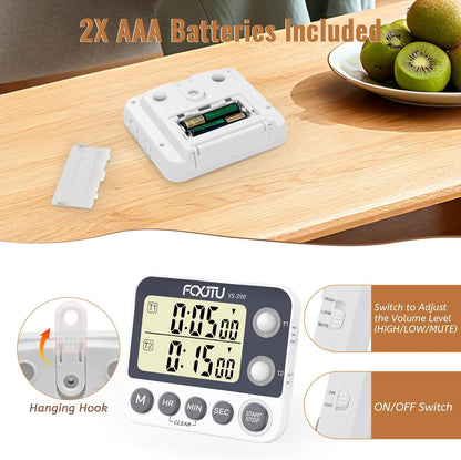 Digital Dual Kitchen Timer, 3-Channel Magnetic Countdown Timer for Cooking