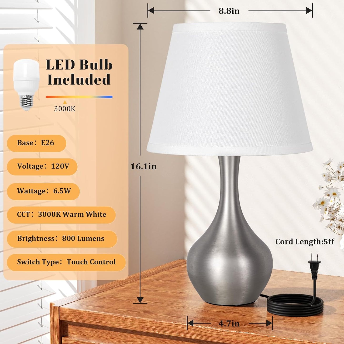 Seealle 16.1" Touch Table Lamps for Nightstand, 3-Way Dimmable Small Bedroom Lamps for Night Stands, Black Bedside Lamps for Living Room, Kids Room, End Table