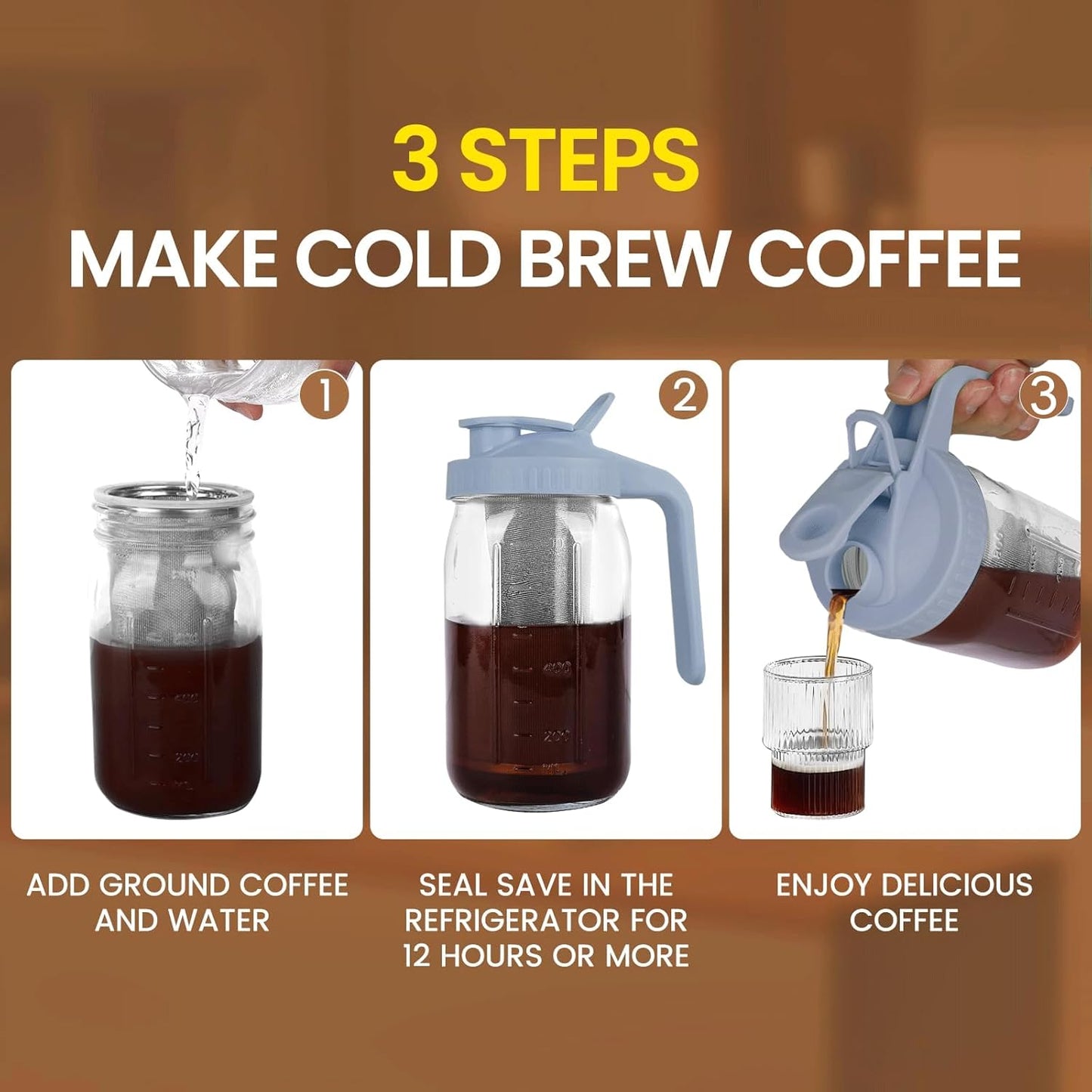 Cold Brew Coffee Maker,64 oz Mason Jar Pitcher with Stainless Steel Filter, Pour Spout Handle Lid, Heavy Duty Glass Airtight & Leak-Proof for Iced Coffee,Tea & Lemonade