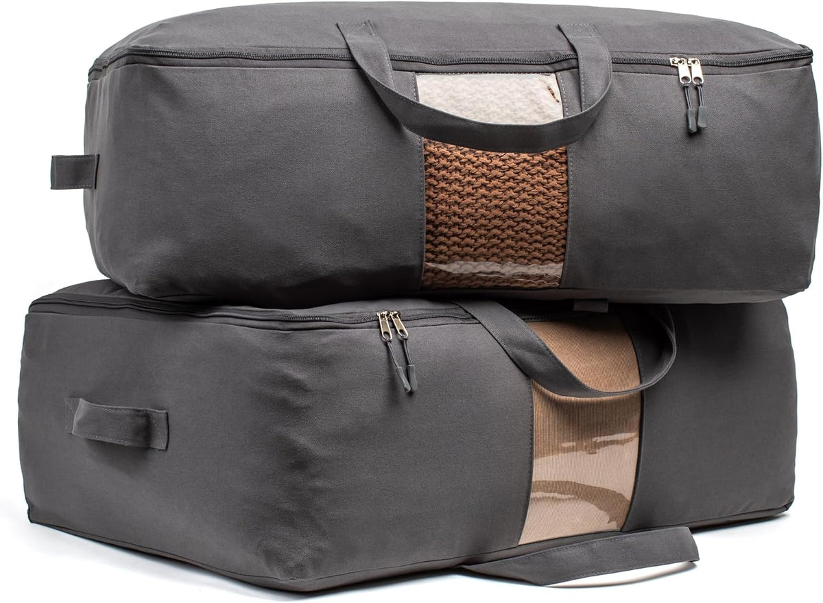 Soft Canvas Storage Bags with Zipper. Thick Breathable, 2pc King/Queen Comforter Organizer. Four Carrying Handles and Window. Large 25x19x9in Bag for Sheets Blankets Bedding Pillows, Clothes