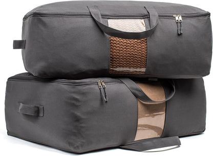 Soft Canvas Storage Bags with Zipper. Thick Breathable, 2pc King/Queen Comforter Organizer. Four Carrying Handles and Window. Large 25x19x9in Bag for Sheets Blankets Bedding Pillows, Clothes