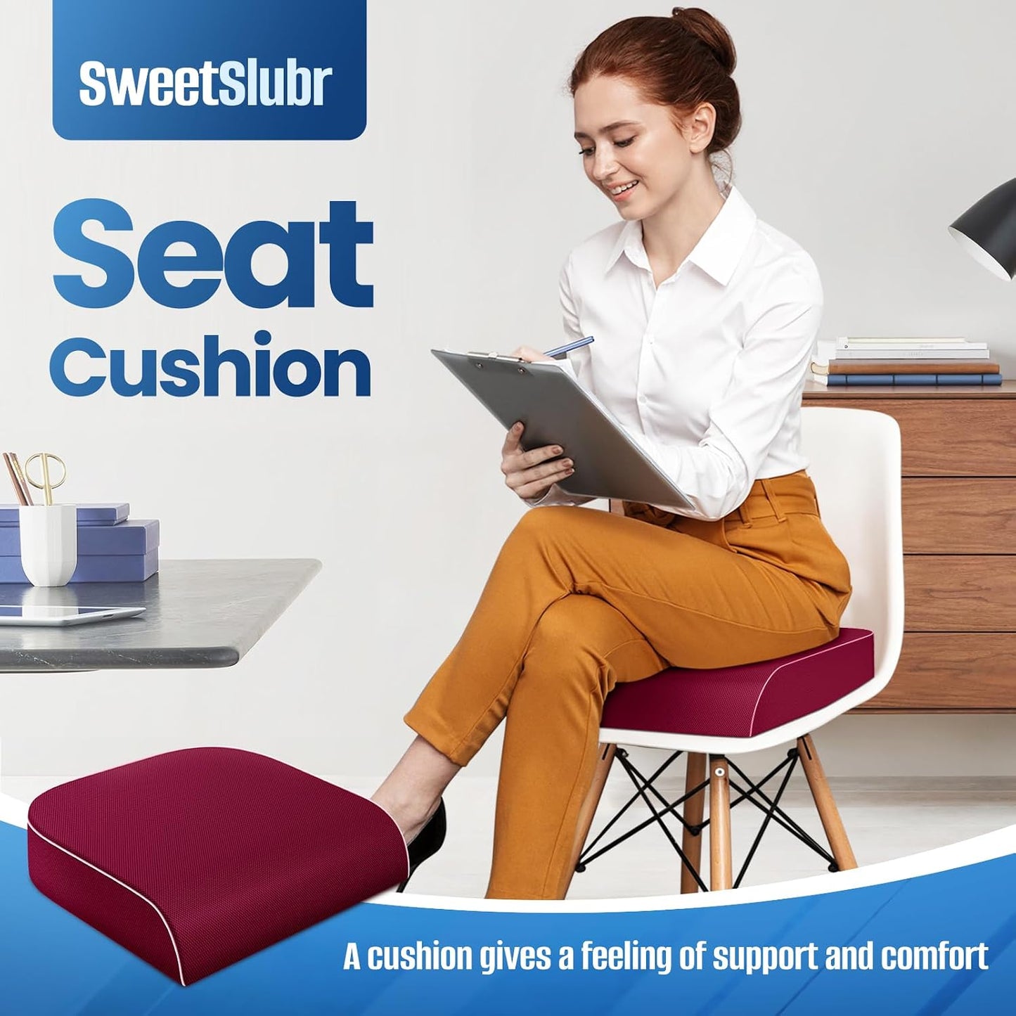 SweetSlubr Seat Cushion for Tailbone Pain Relief, Office Chair Cushion, Chair Pad, Memory Foam Large Cushion with Non-Slip Cover for Soft Support at Office Chair, Car Seat, Airplane, Black/Large