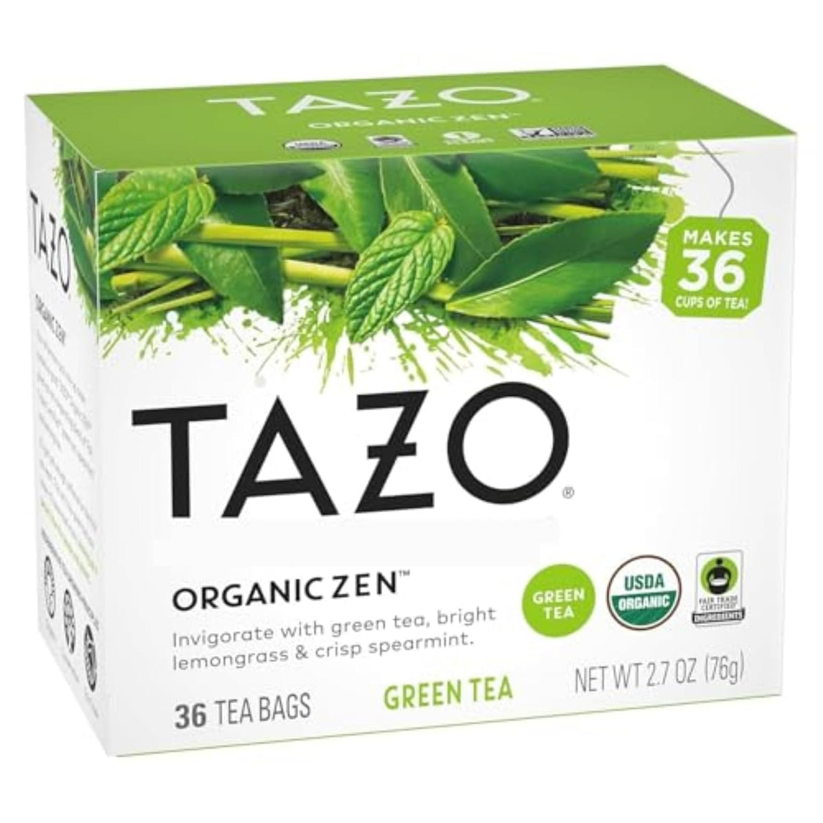 TAZO Organic Zen Green Tea, Caffeinated Tea with Refreshing Lemongrass & Spearmint, 36 Total Bags (Pack of 2)