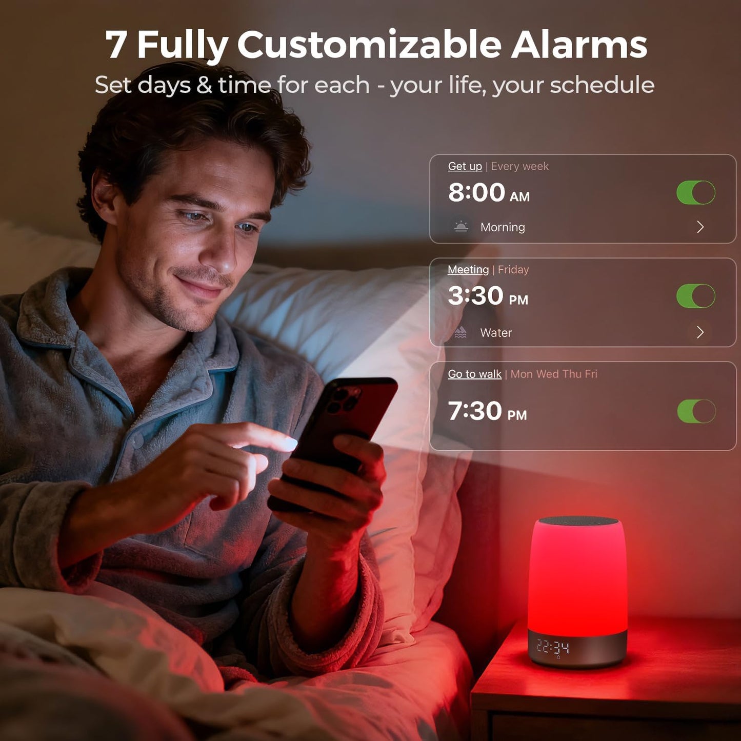 Smart Red Light Therapy Lamp & Sleep Sound Machine for Bedroom with Alarm Clock, 32 White Noises Sound Machine, Night Light with App Control, 5-Level Red Light (620–690nm), 2600mAh Battery（Large）