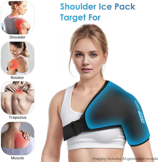 Comfitech Shoulder Ice Pack Wrap Sleeve for Better Putting On & Off, Reusable Gel Cold Pad for Arm, Large, Black