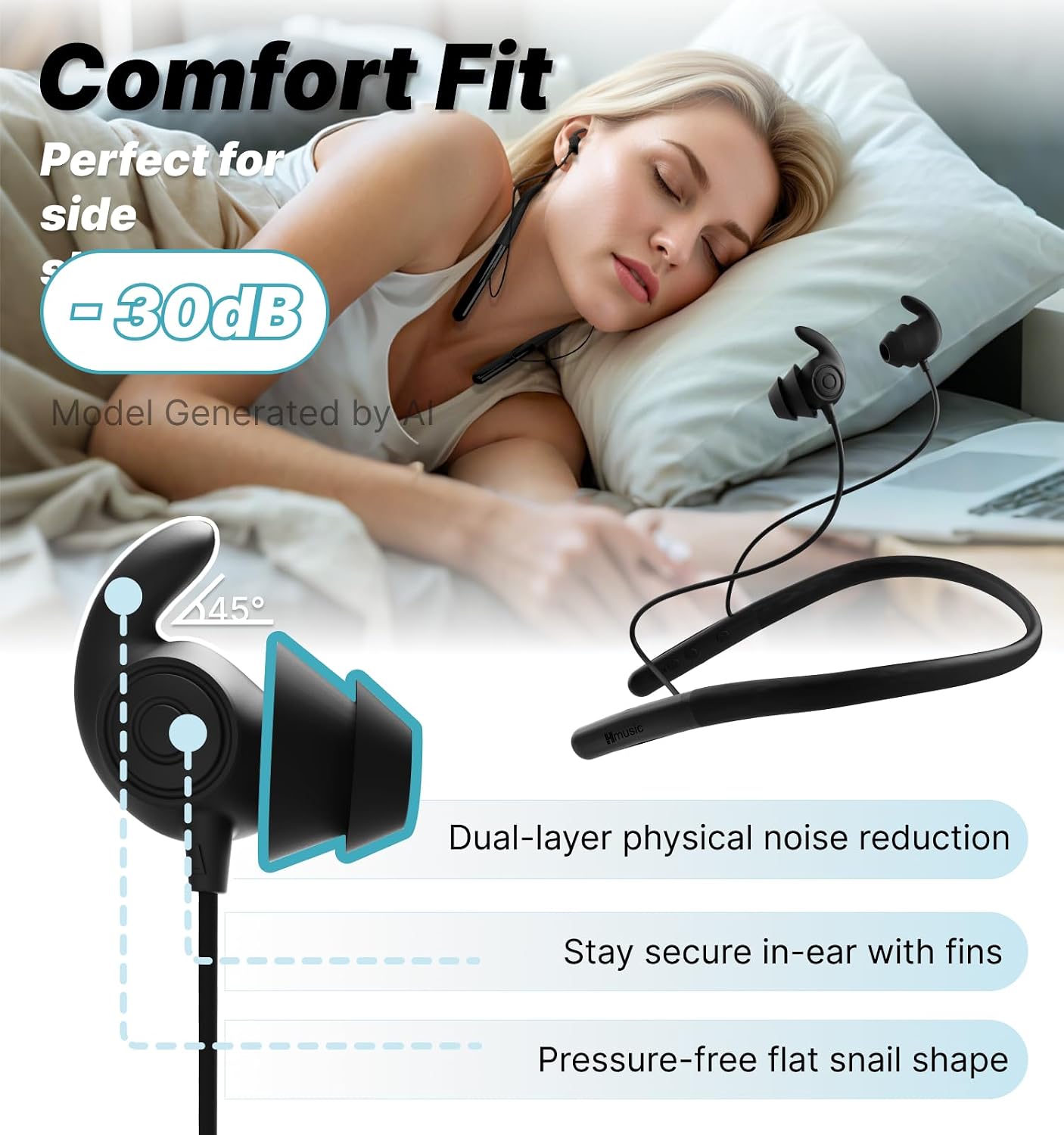 Hmusic HS88 Sleep Earbuds for Side Sleepers – Ultra-Thin Silicone Neckband Headphones, 30dB Noise Isolation, 12H Battery Life with Sleep Timer, Secure Fit for Yoga, Travel, Audiobooks & Meditation