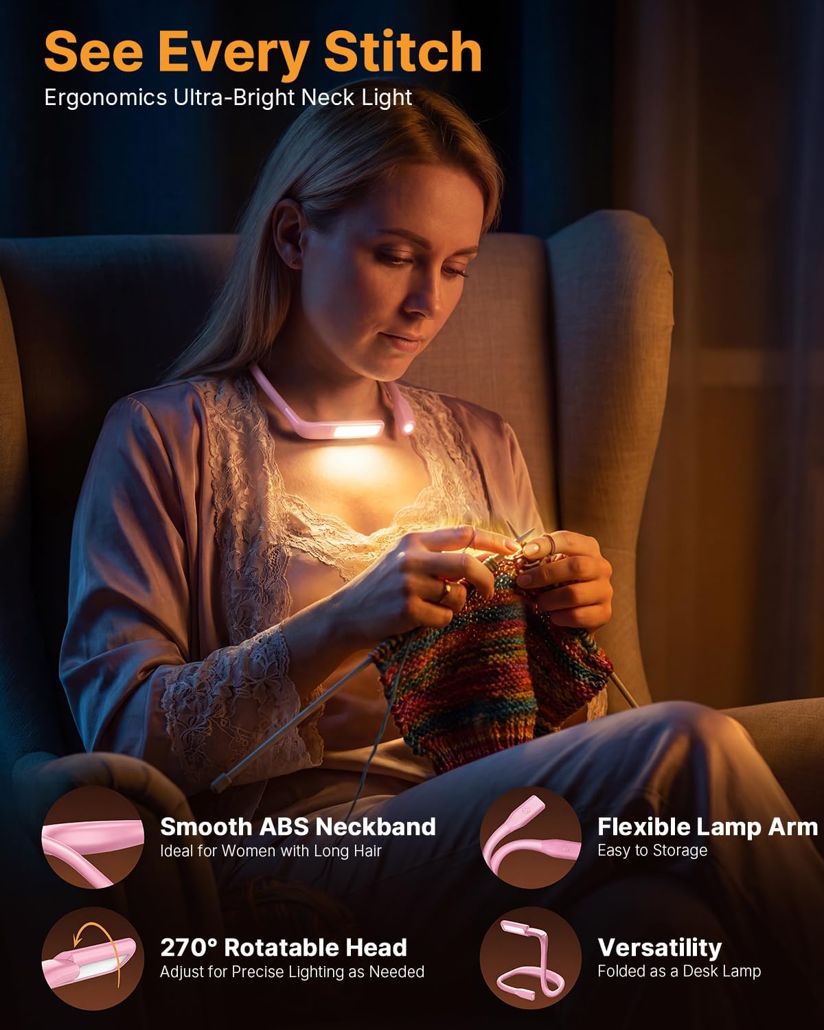 Reading Light, Rechargeable Neck Light, Stepless Dimming Book Light
