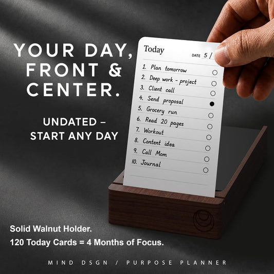 Daily Planner To Do List Notepad - Checklist & Goal Cards for ADHD Focus - Walnut Display + Planner Cards