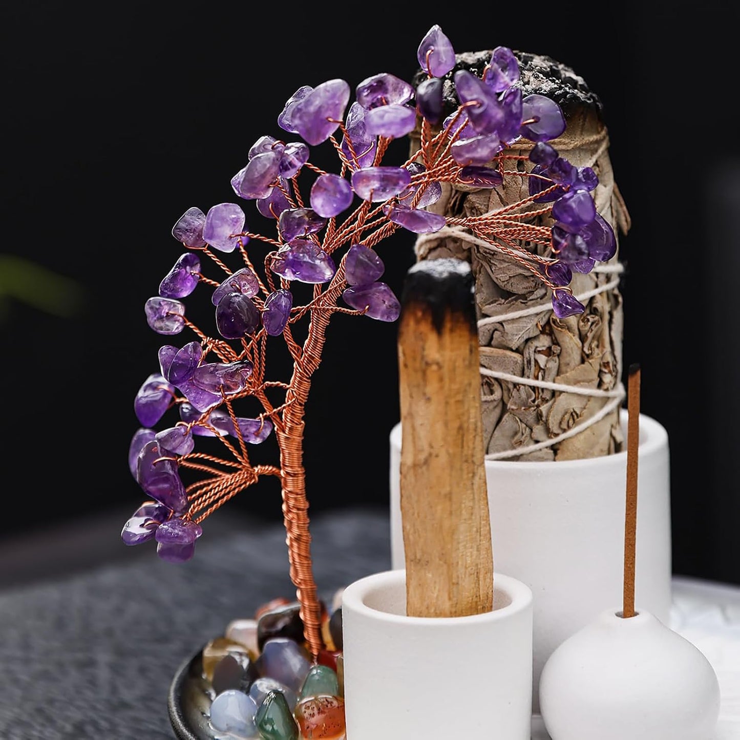 5 in 1 Incense Burner Holder with Crystal Healing Tree, Palo Santo Holder, Sage Holder, Incense Holder for Sticks/Cones/Candles, Ceramic Tray Ash Catcher for Burning Incense, Meditation Gift