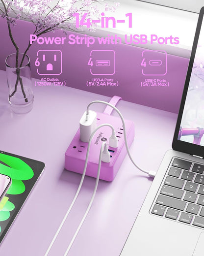 Kakyanill 8 USB Pink Power Strip with 6 AC(4 USB-C), 5 FT Extension Cord