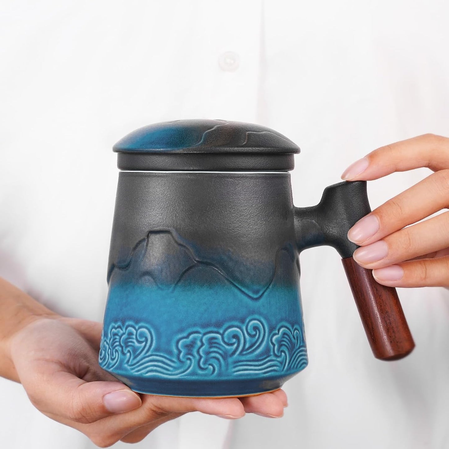 ZENS Embossed Ceramic Tea Mug with Infuser and Lid, 14.5 oz Wooden Handle, Loose Leaf Tea Steeper Cup & Strainer for Tea Lovers Gifts