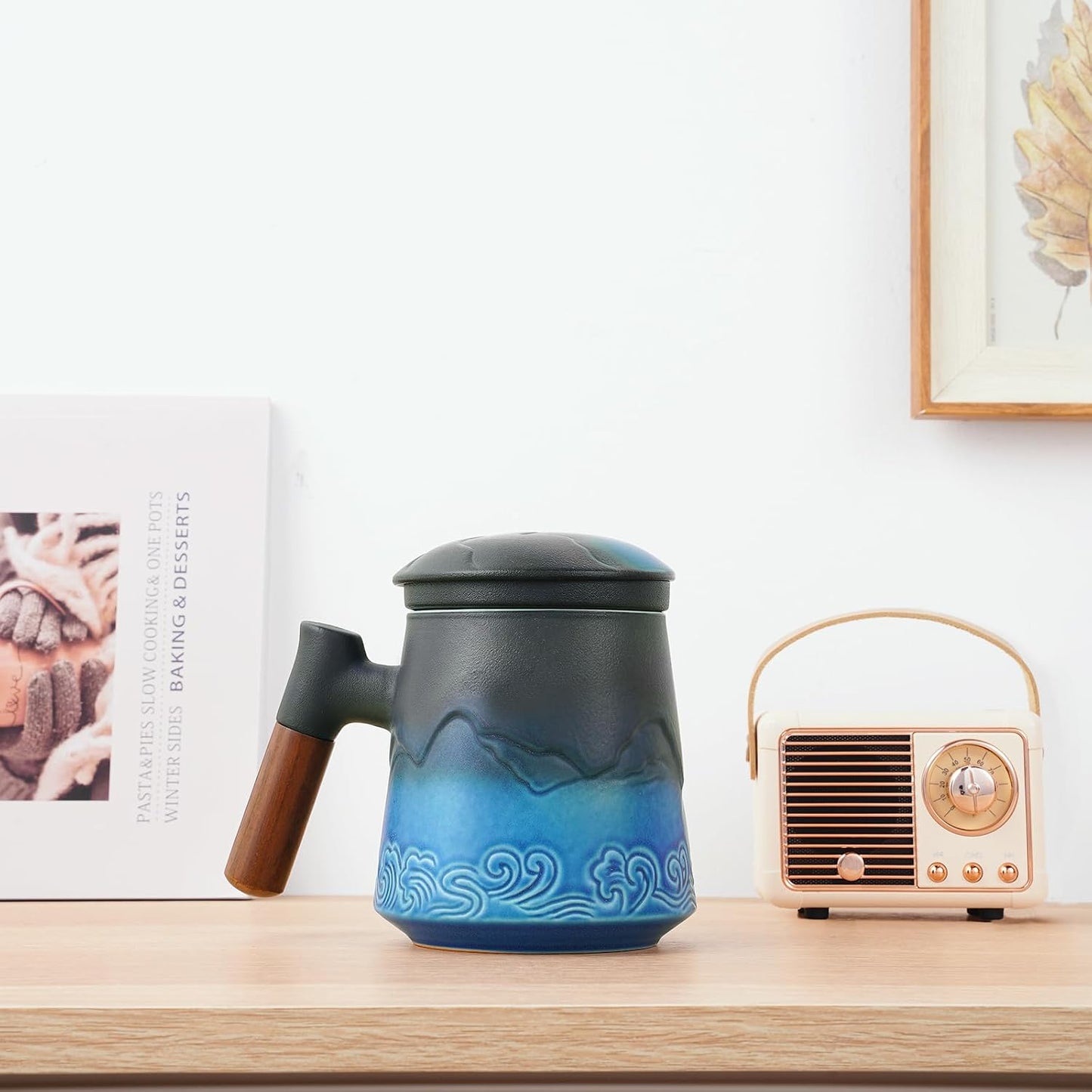 ZENS Embossed Ceramic Tea Mug with Infuser and Lid, 14.5 oz Wooden Handle, Loose Leaf Tea Steeper Cup & Strainer for Tea Lovers Gifts
