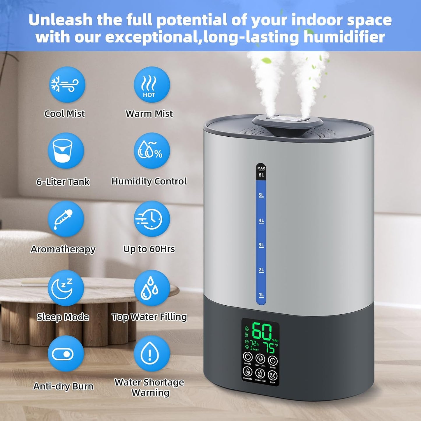 Coolfiqu 6L Humidifiers for Bedroom Large Room Home,Cool and Warm Humidifier for Baby and Plants Hot Mist Top Fill Desk Humidifiers Oil Diffuser,Quiet,Adjustable Mist,360°Nozzle-Black(2026 Upgraded)