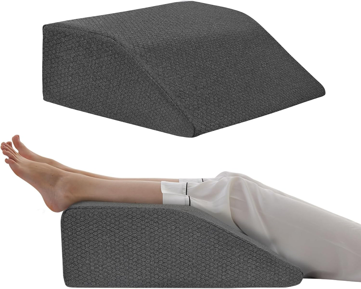 Bedluxe Leg Pillow Elevation Blood Circulation, Wedge Pillow for Legs Swelling, Leg Elevating Wedge Pillow for After Surgery, Foot Knee Pillow for Leg Rest, Sleeping, Memory Foam Top, 8in, White/Grey