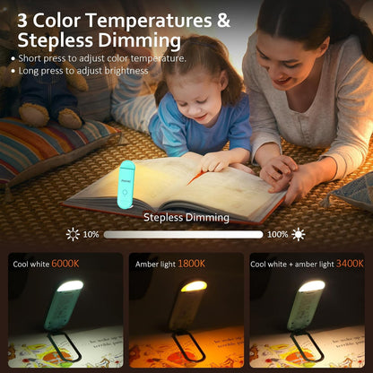 Akomid USB Rechargeable Book Light for Reading in Bed, 8 LEDs Bookmark Style Clip on, Eye-Cared Amber Light Mode for Kids, Blue Light Blocking, Stepless Dimming,Khaki