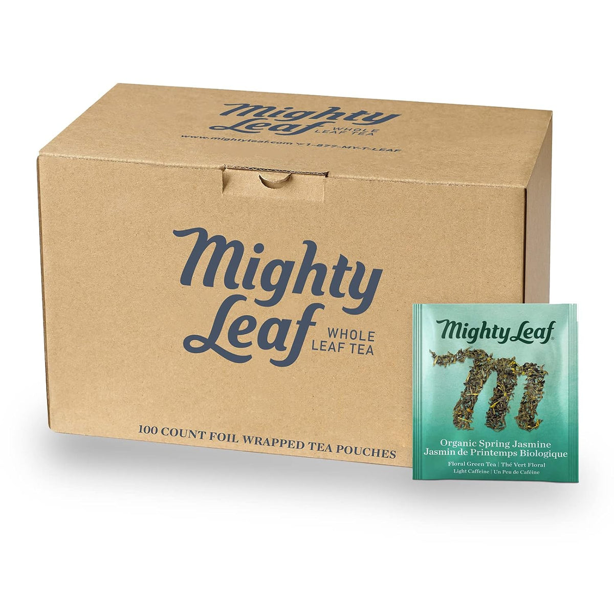 Mighty Leaf Spring Jasmine Green Tea - Premium - Foil Wrapped for Freshn - 100 Count Tea Pouches - Premium Green Tea with Rich Flavor - Individually Wrapped Tea Bags