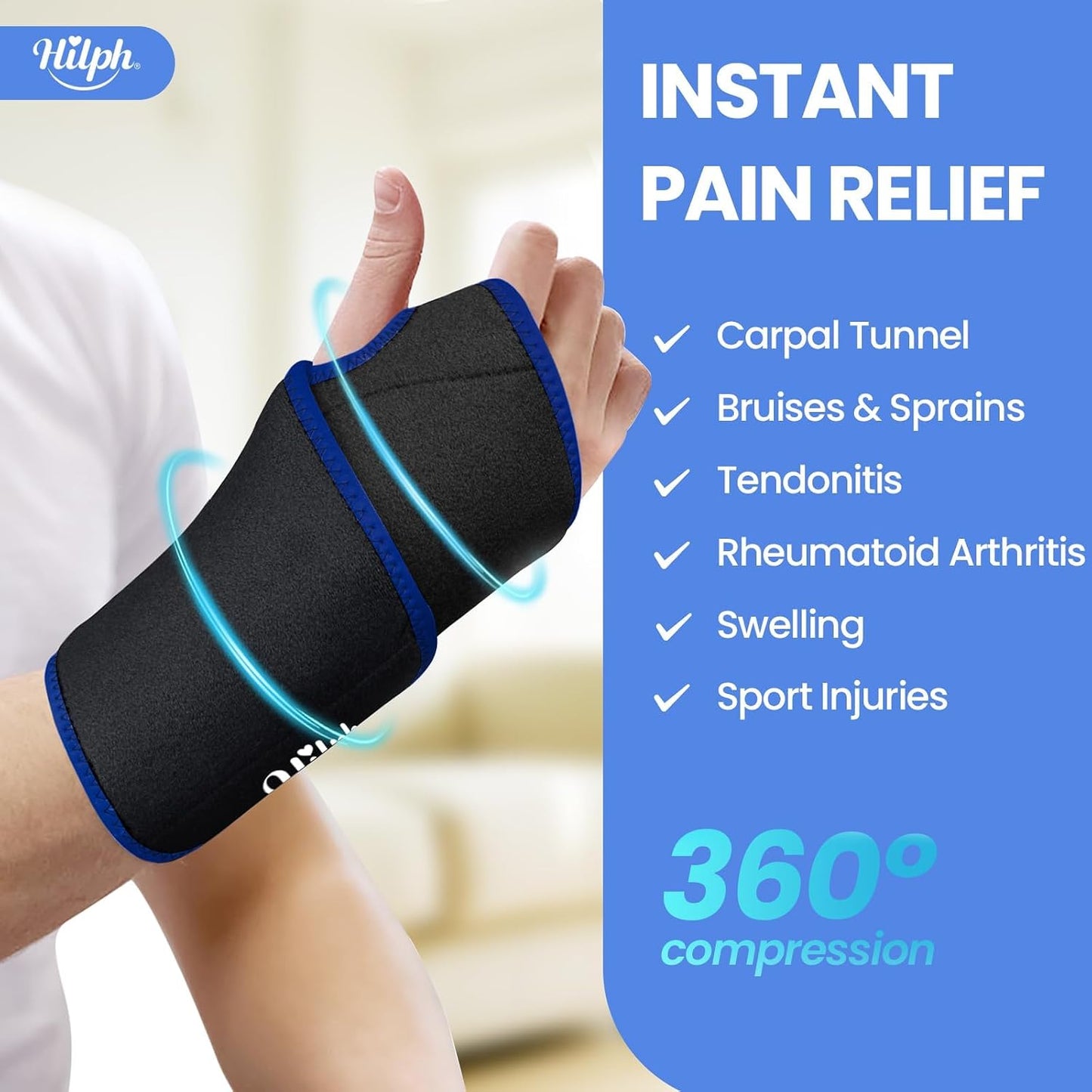 Hilph Wrist Ice Pack Wrap for Carpal Tunnel Relief, FSA Eligible HSA, Reusable Wrist Hot & Cold Therapy Brace for Hand Injuries, Arthritis, Tendonitis, Surgery Recovery Items Gifts Men Women, Blue