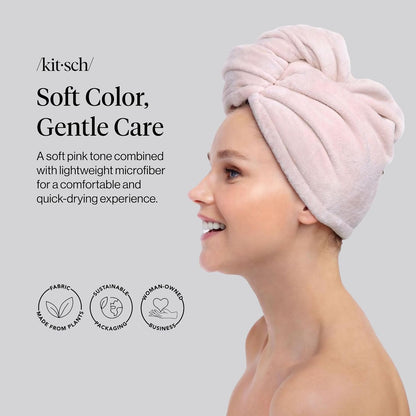 Kitsch Microfiber Hair Towel Wrap for Women – Ultra Absorbent Microfiber Bath Towels for Wet, Curly, Long or Short Hair – Anti-Frizz Hair Wrap, Great Hair Products Gift for Women – Pink