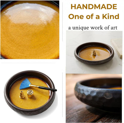 6 Inch Incense Holder with Ash Catcher,Handmade Crack Blue Glaze Ceramic Incense Burner Bowl with 9-Hole Design for Sticks,Cones,Coils Sage,Palo Santo - Perfect for Meditation,Yoga & Zen Home Décor