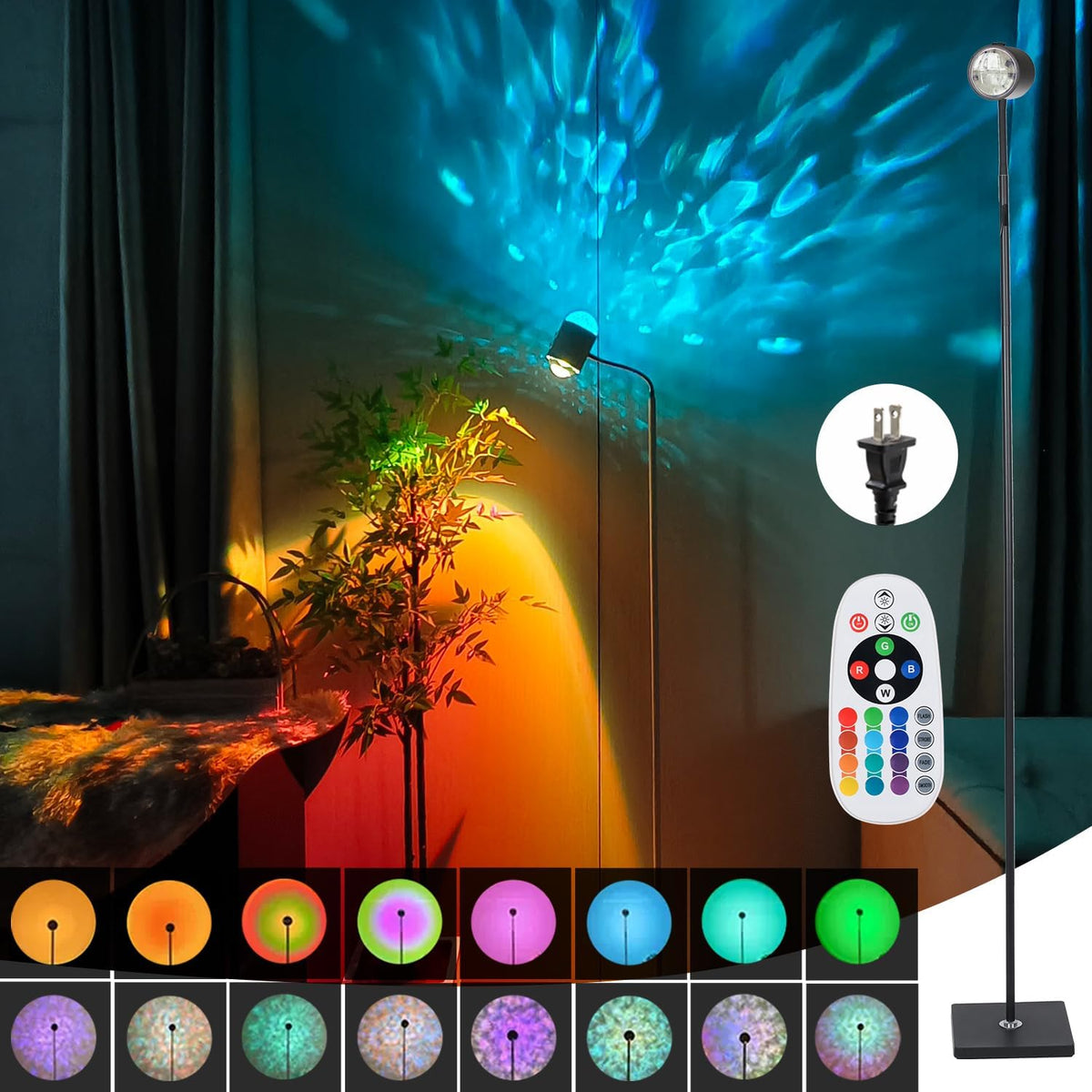 Sunset Lamp Projector Led Lights 3D Ocean Wave with Remote, 16 Colors Night Light 720° Rotation & Four Mode with American Standard Plug, Modern Floor Stand Night Light for Bedroom (White Double-End)