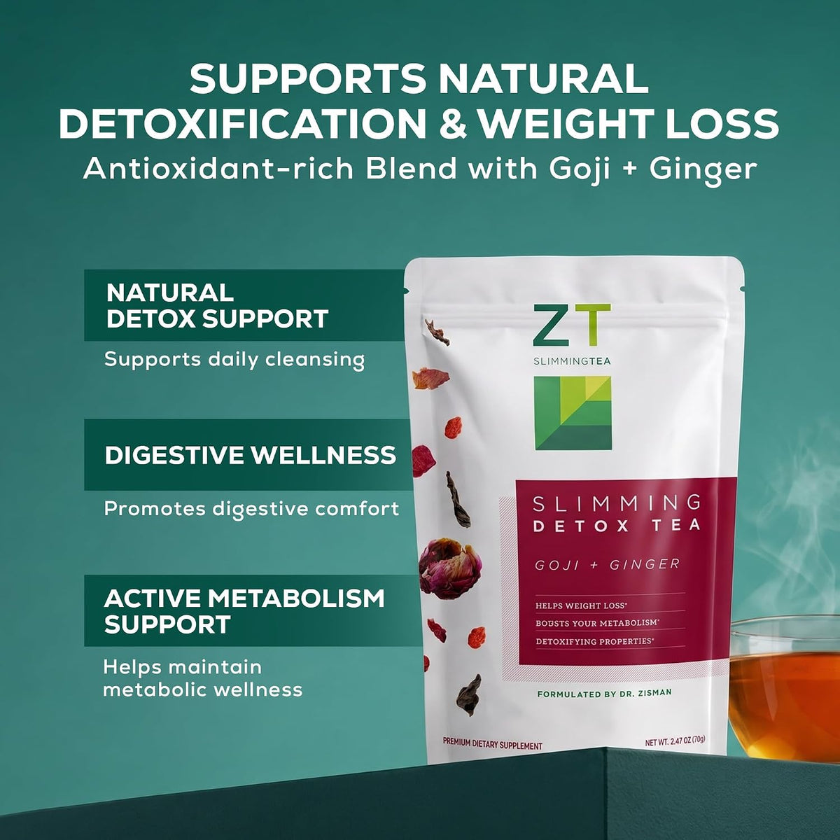 Dr. Zisman ZT Slimming Detox Tea – Goji & Ginger Herbal Blend, 30 Servings