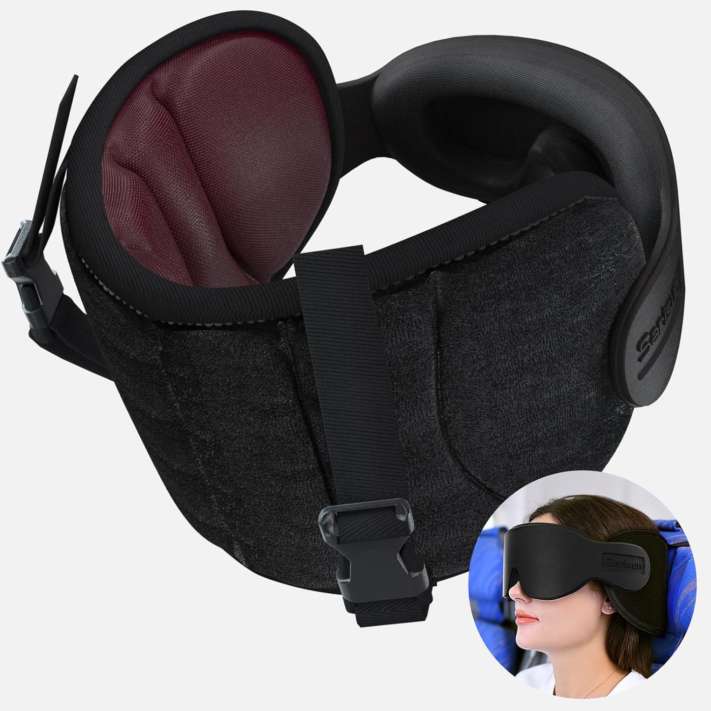 SARISUN Travel Pillows for Airplanes, 360° Stable Support Airplane Pillow with 3D Eye Mask, Headrest Pillow for Long Flight Road Trip Sleep, Stop Bobblehead Travel Essential, Black