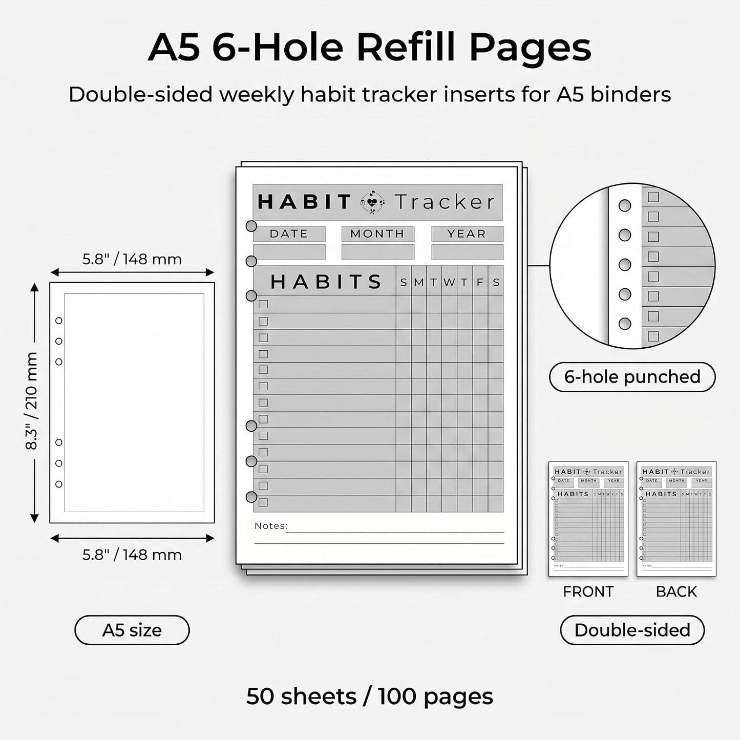A5 Weekly Habit Tracker Inserts - Motivation & Rewards Pages for Weekly Goals and Consistency, Double-Sided 6-Hole Refill for A5 Binders, 50 Sheets, 100 Pages