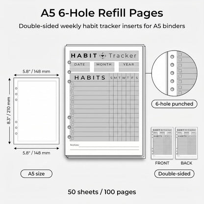 A5 Weekly Habit Tracker Inserts - Motivation & Rewards Pages for Weekly Goals and Consistency, Double-Sided 6-Hole Refill for A5 Binders, 50 Sheets, 100 Pages