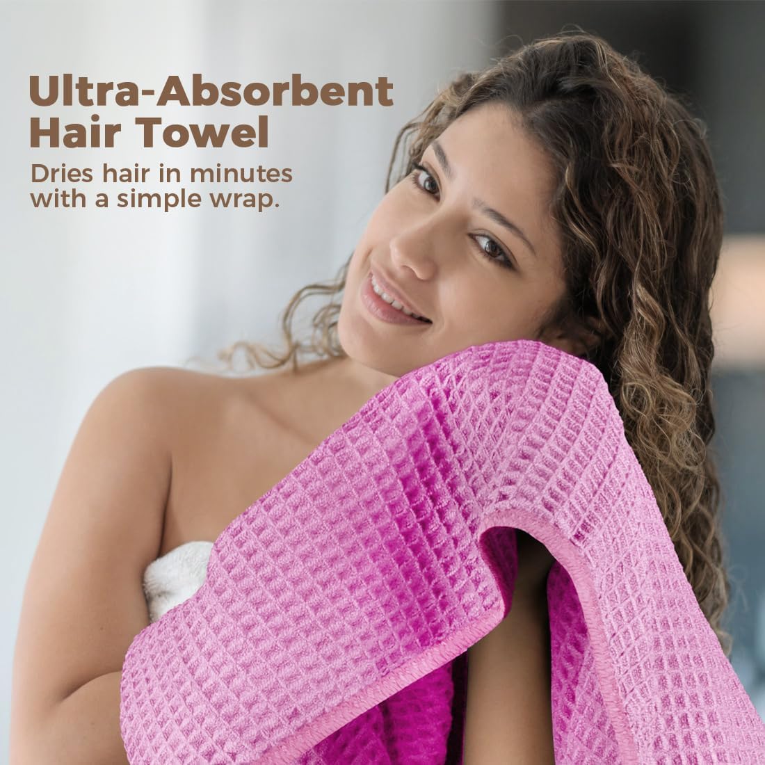 HOMEXCEL 5 Pack Microfiber Hair Towels - 40 x 20 inches Super Soft, Fast Drying Turbans for Long, Thick, Curly Hair - Anti Frizz Wrap with Elastic Strap